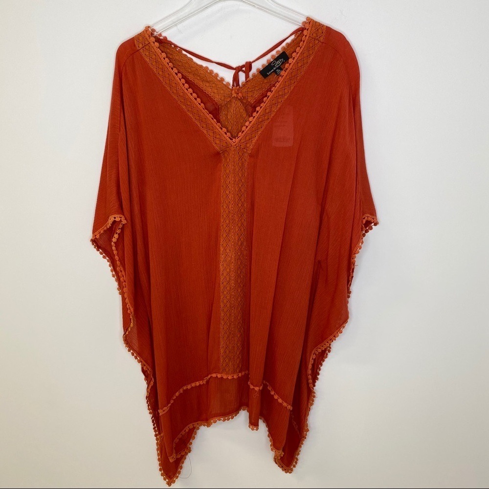 Suzanne Betro Burnt Orange Crochet Lace Pom Pom Kaftan Top U8501400 XL NEW